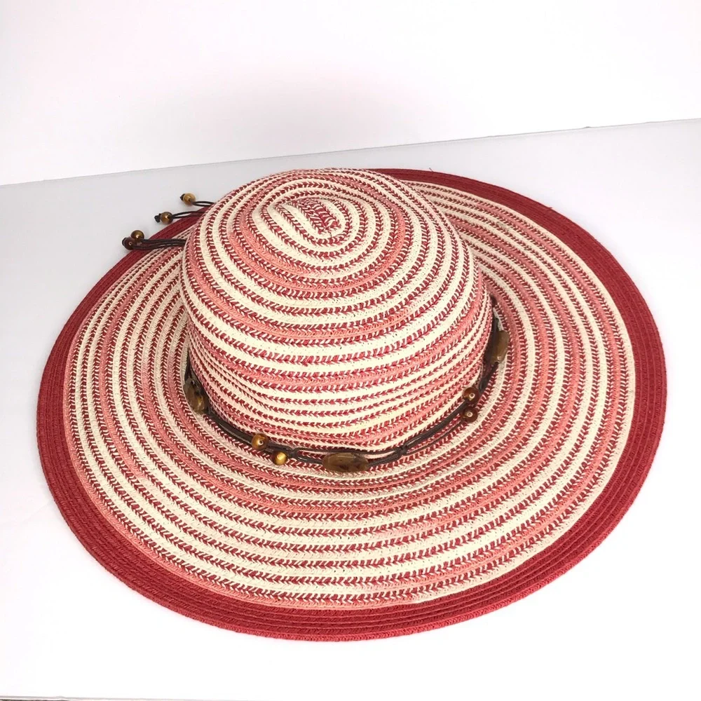 SUN N SAND Red Woven Beach Hat With Beaded Trim